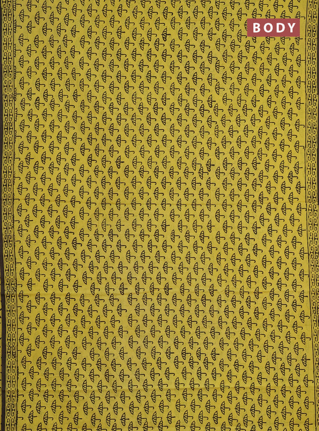 Jaipur cotton saree yellow and coffee brown with allover butta prints and printed border
