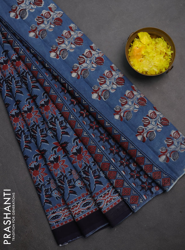 Jaipur cotton saree blue and navy blue with allover prints and printed border