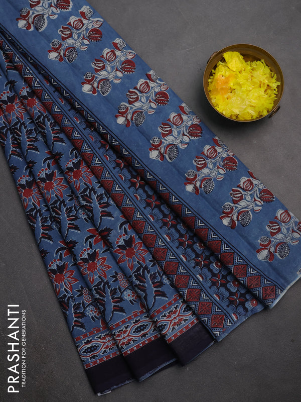 Jaipur cotton saree blue and navy blue with allover prints and printed border