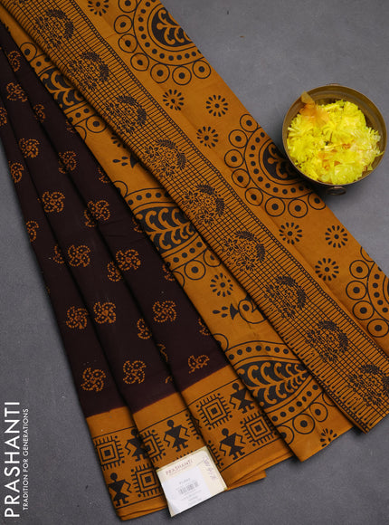 Sungudi cotton saree deep wine shade and mustard yellow with allover batik prints and warli printed border