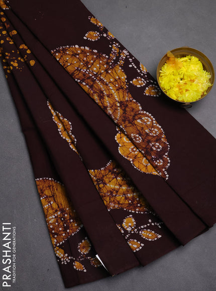 Sungudi cotton saree deep wine shade and mustard yellow with allover batik prints and kalamkari printed border