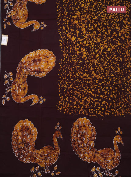 Sungudi cotton saree deep wine shade and mustard yellow with allover batik prints and kalamkari printed border