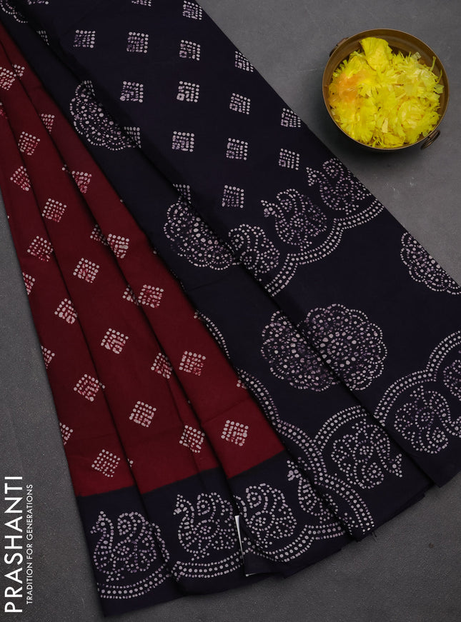 Sungudi cotton saree deep wine shade and navy blue with allover batik butta prints and printed border