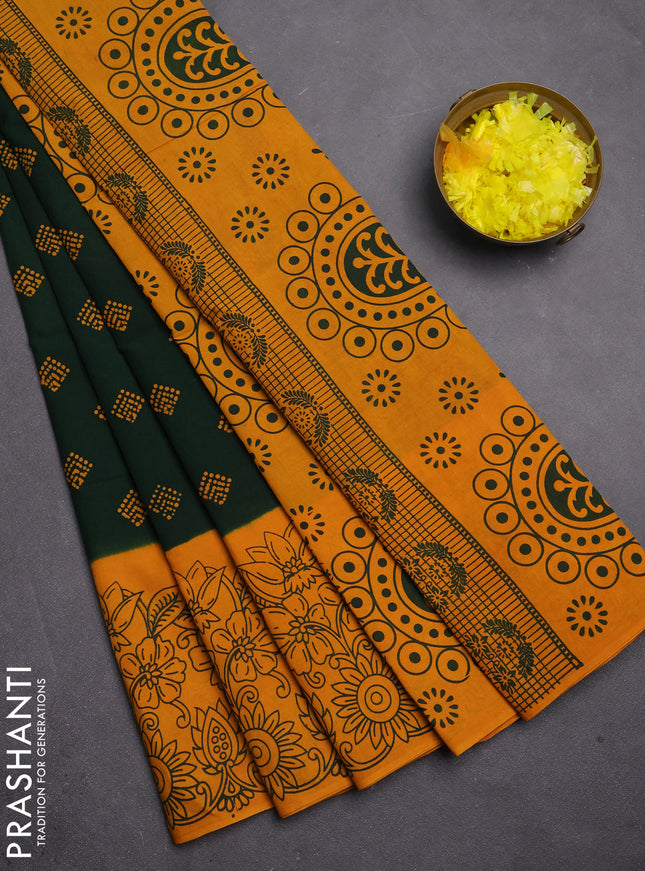 Sungudi cotton saree bottle green and mustard yellow with allover batik butta prints and long printed border
