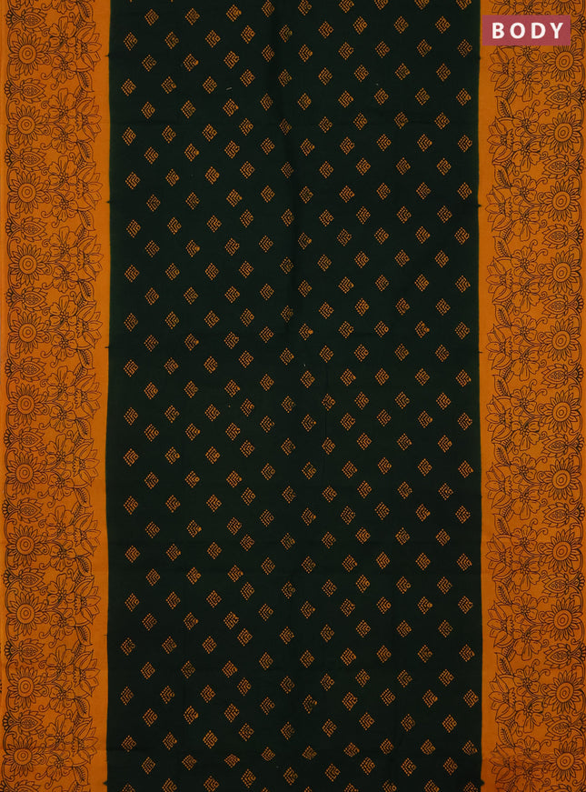 Sungudi cotton saree bottle green and mustard yellow with allover batik butta prints and long printed border