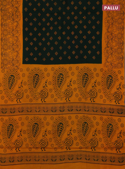 Sungudi cotton saree bottle green and mustard yellow with allover batik butta prints and long printed border