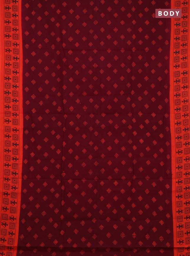 Sungudi cotton saree deep maroon and orange with allover batik butta prints and warli printed border
