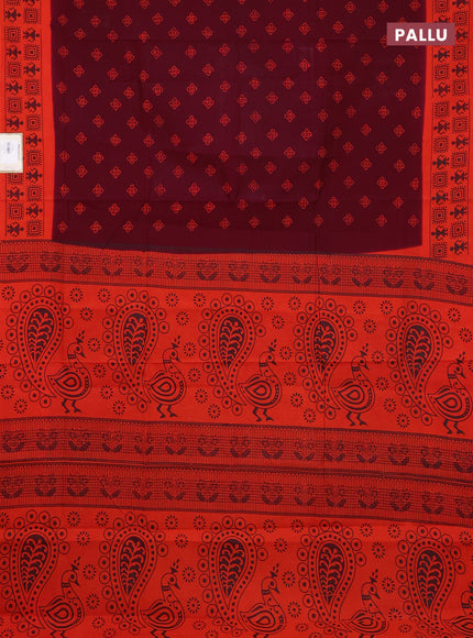 Sungudi cotton saree deep maroon and orange with allover batik butta prints and warli printed border