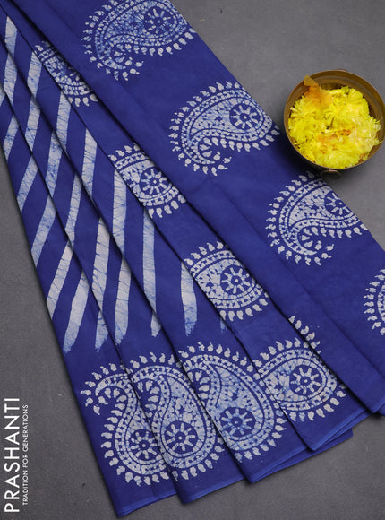 Sungudi cotton saree indigo blue with allover batik prints and printed border