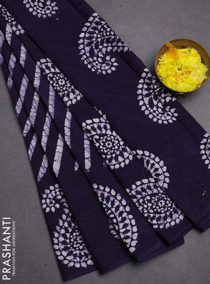 Sungudi cotton saree navy blue with allover batik prints and printed border