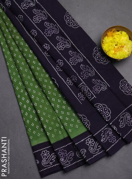 Sungudi cotton saree sap green and deep jamun with allover batik butta prints and printed border