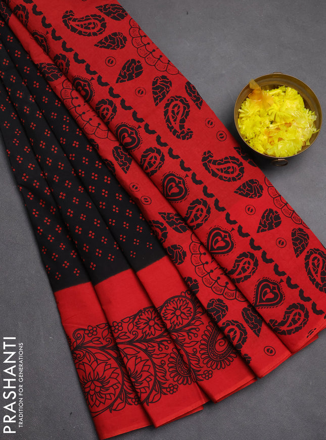Sungudi cotton saree black and red with allover batik prints and printed border