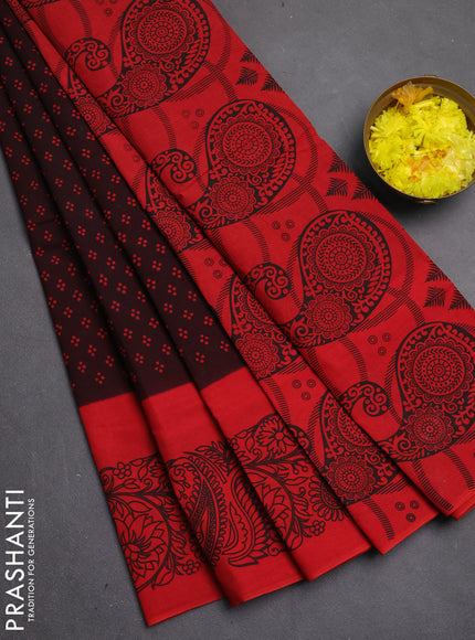 Sungudi cotton saree deep wine shade and red with allover batik prints and printed border