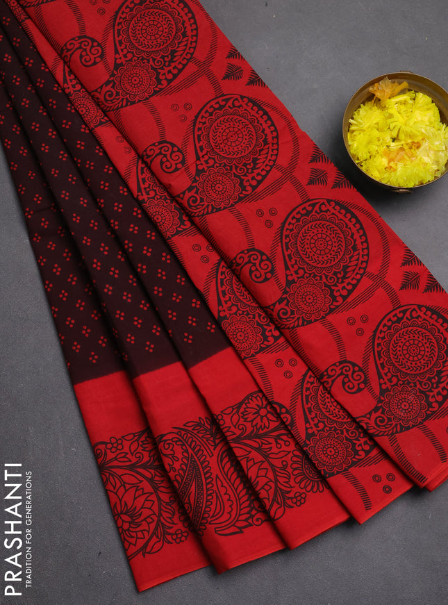 Sungudi cotton saree deep wine shade and red with allover batik prints and printed border