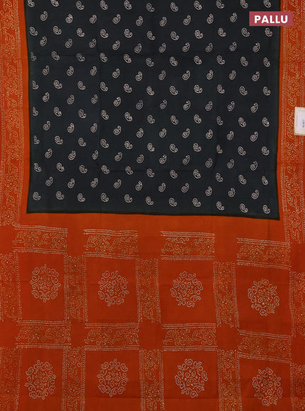 Sungudi cotton saree greyish green and mustard yellow with allover batik prints and printed border