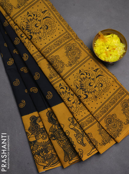 Sungudi cotton saree black and mustard yellow with allover batik prints and kalamkari printed border