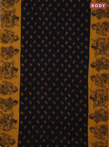 Sungudi cotton saree black and mustard yellow with allover batik prints and kalamkari printed border