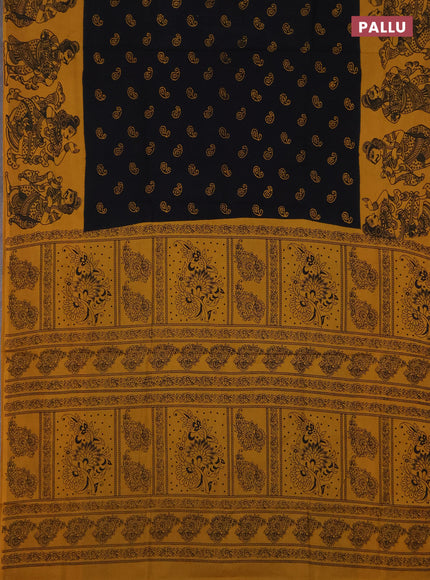 Sungudi cotton saree black and mustard yellow with allover batik prints and kalamkari printed border