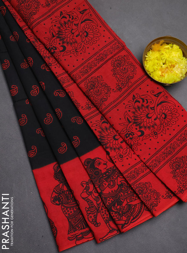 Sungudi cotton saree black and red with allover batik prints and kalamkari printed border