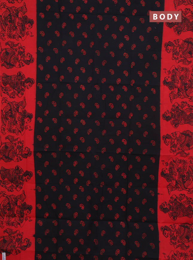 Sungudi cotton saree black and red with allover batik prints and kalamkari printed border