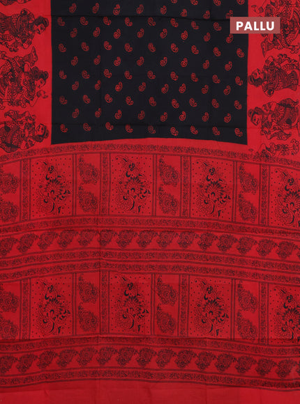 Sungudi cotton saree black and red with allover batik prints and kalamkari printed border