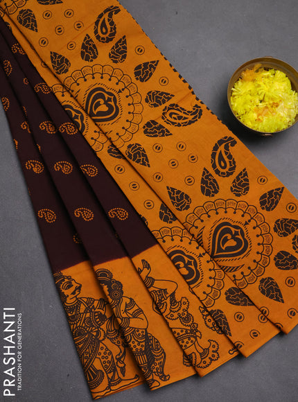 Sungudi cotton saree deep wine shade and mustard yellow with allover batik prints and kalamkari printed border