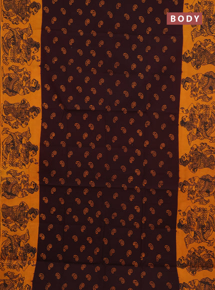 Sungudi cotton saree deep wine shade and mustard yellow with allover batik prints and kalamkari printed border