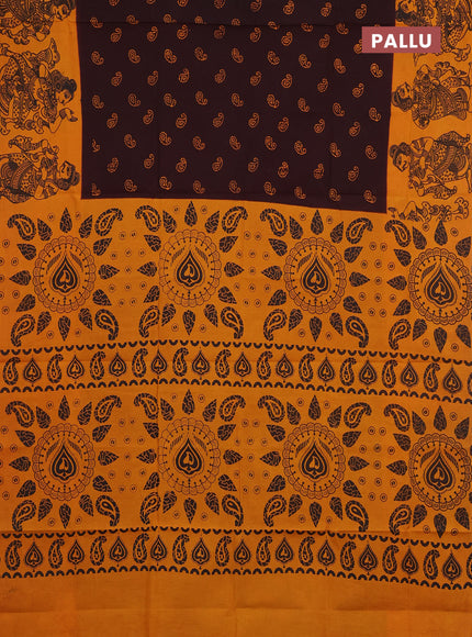 Sungudi cotton saree deep wine shade and mustard yellow with allover batik prints and kalamkari printed border