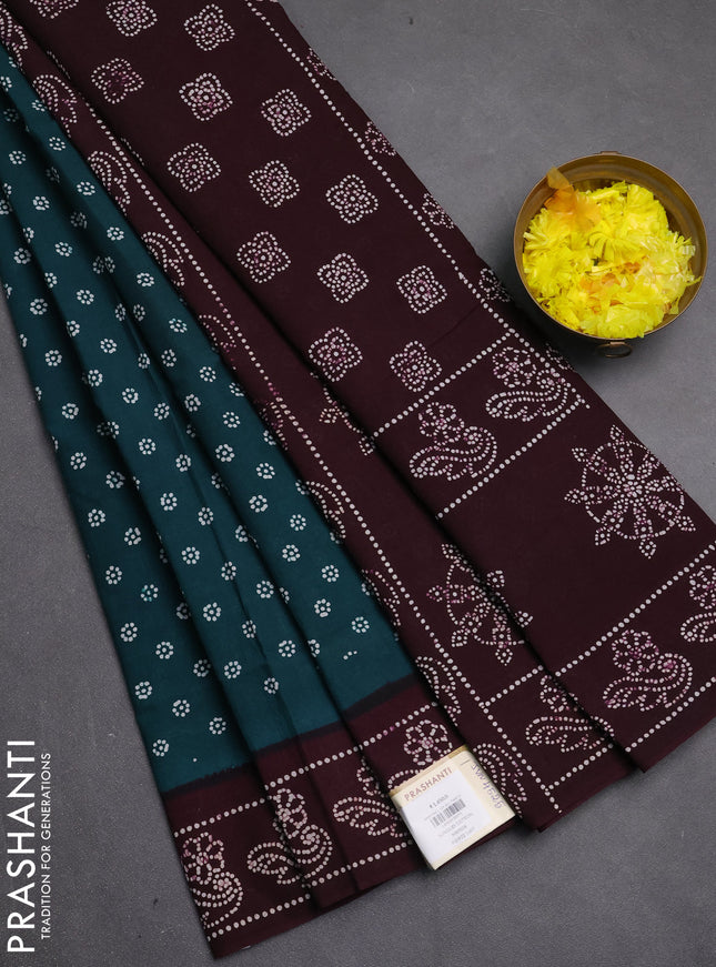 Sungudi cotton saree teal green and wine with allover batik butta prints and printed border