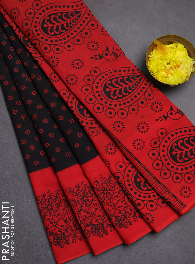 Sungudi cotton saree black and red with allover batik butta prints and long printed border