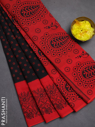 Sungudi cotton saree black and red with allover batik butta prints and long printed border