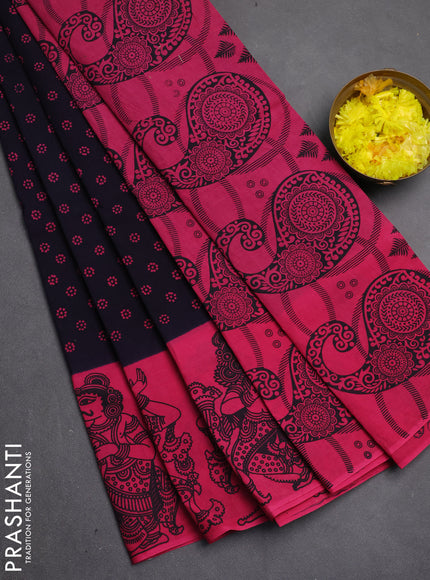 Sungudi cotton saree navy blue and pink with allover batik butta prints and long printed border