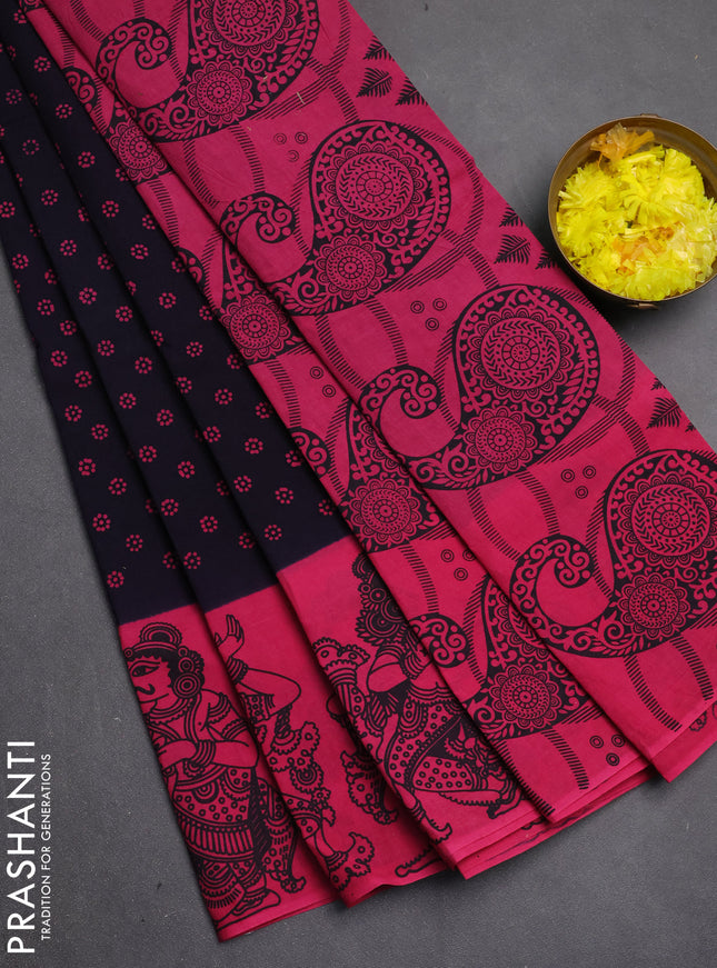 Sungudi cotton saree navy blue and pink with allover batik butta prints and long printed border