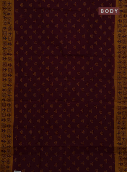 Sungudi cotton saree deep maroon and mustard yellow with allover batik butta prints and warli printed border