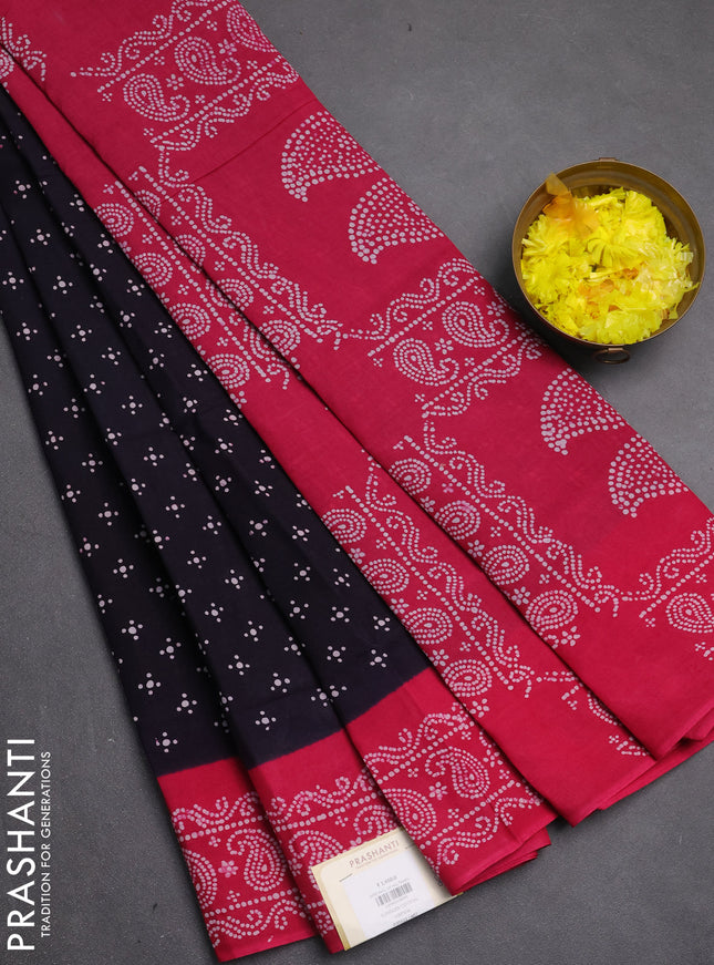 Sungudi cotton saree navy blue and pink with allover batik butta prints and printed border