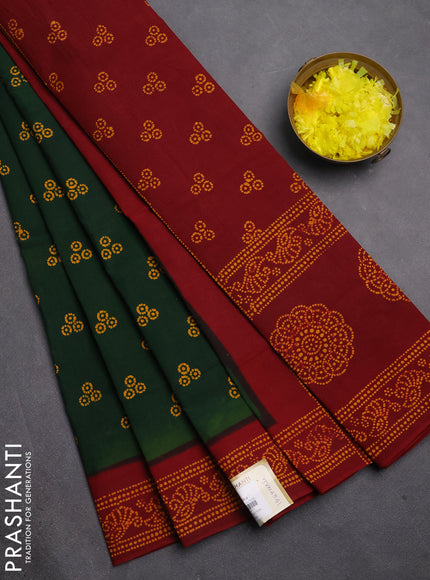 Sungudi cotton saree green and maroon with allover batik butta prints and printed border