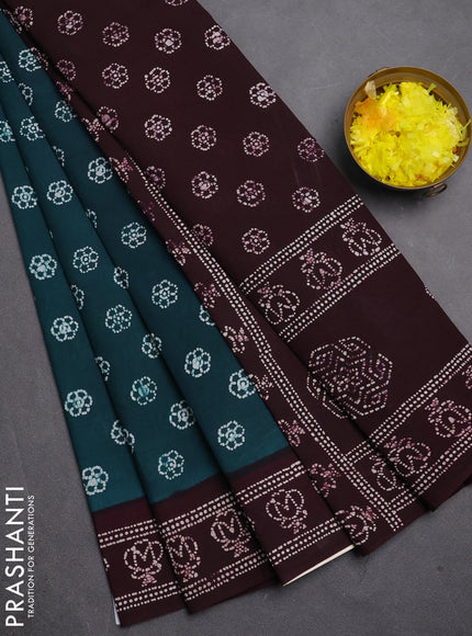 Sungudi cotton saree peacock green and wine shade with allover batik butta prints and printed border