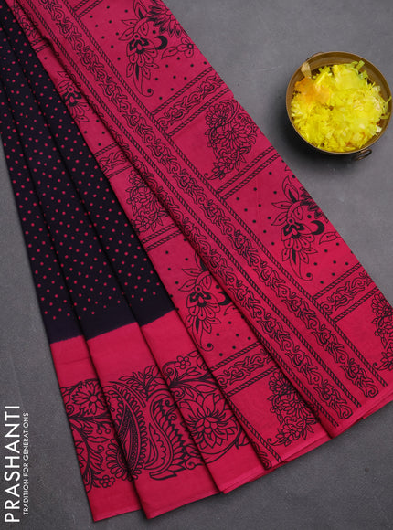 Sungudi cotton saree deep navy blue and pink with allover polka dot prints and printed border