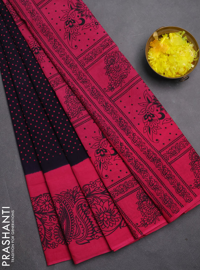 Sungudi cotton saree deep navy blue and pink with allover polka dot prints and printed border