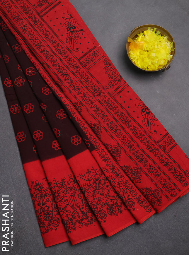 Sungudi cotton saree coffee brown and red with allover batik butta prints and printed border