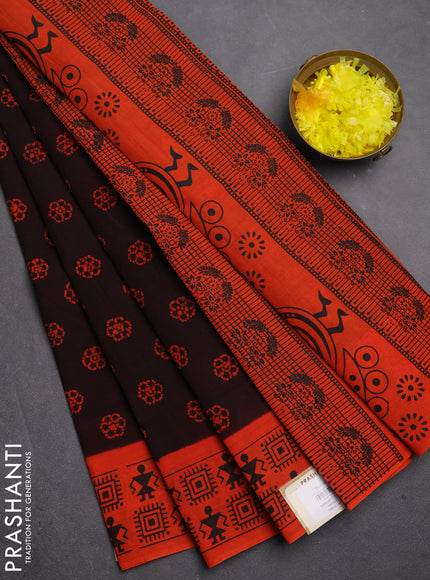 Sungudi cotton saree coffee brown and orange with allover batik butta prints and printed border