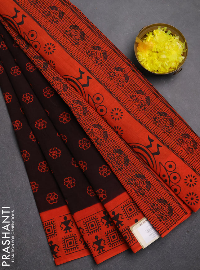 Sungudi cotton saree coffee brown and orange with allover batik butta prints and printed border