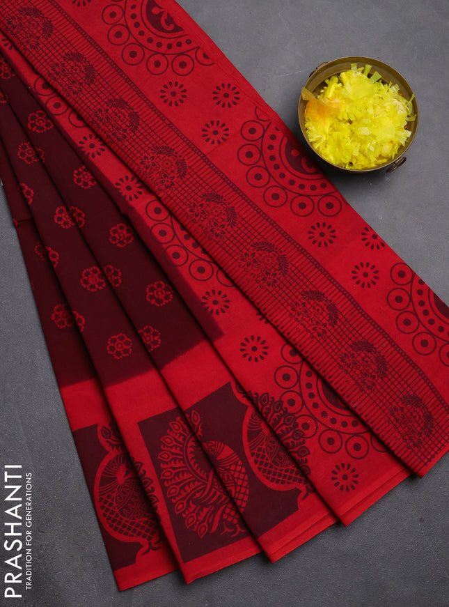 Sungudi cotton saree maroon and red with allover batik butta prints and printed border