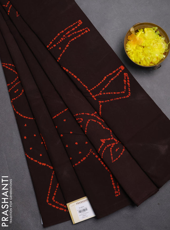 Sungudi cotton saree coffee brown with batik butta prints in borderless style