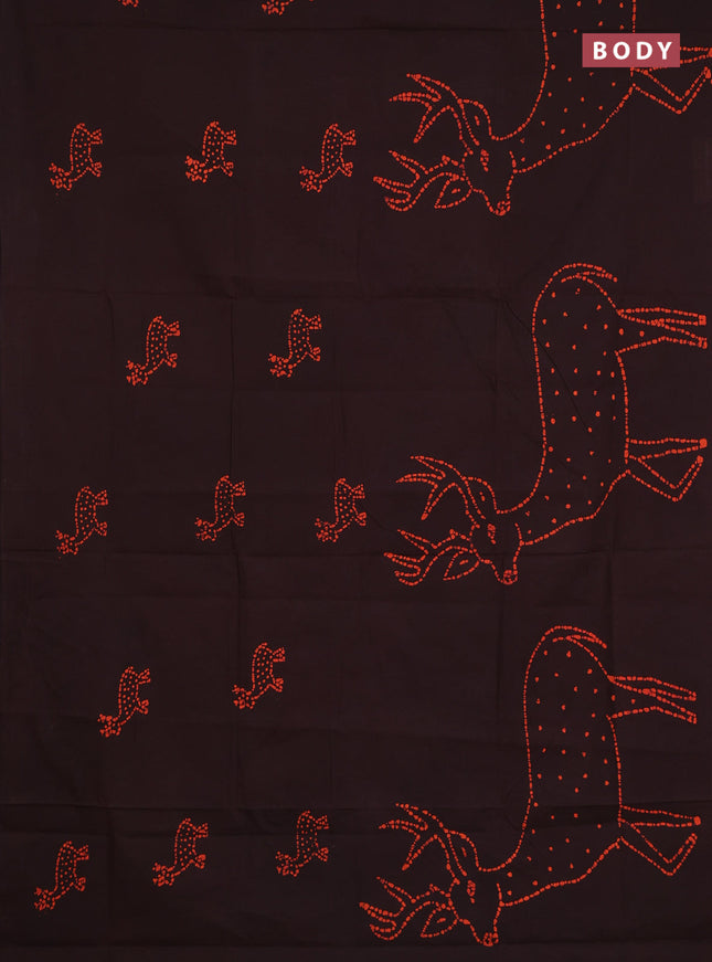 Sungudi cotton saree coffee brown with batik butta prints in borderless style