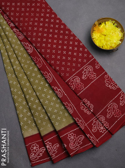 Sungudi cotton saree elaichi green and maroon with allover batik butta prints and printed border