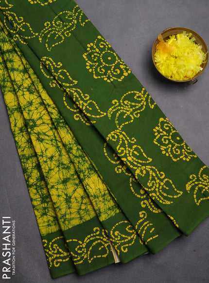 Sungudi cotton saree yellow and green with allover batik prints and printed border