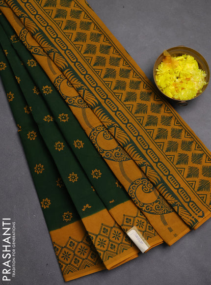 Sungudi cotton saree green and mustard yellow with allover batik butta prints and printed border