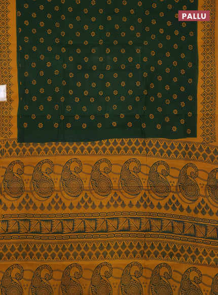 Sungudi cotton saree green and mustard yellow with allover batik butta prints and printed border