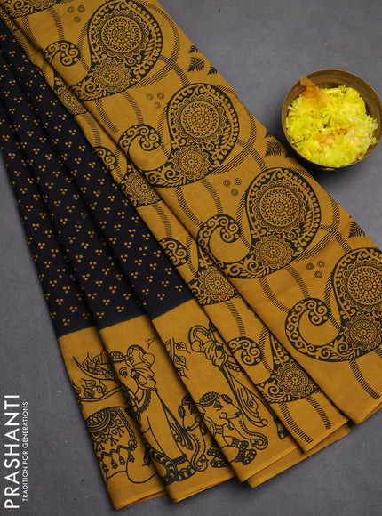 Sungudi cotton saree black and mustard yellow with allover batik butta prints and printed border